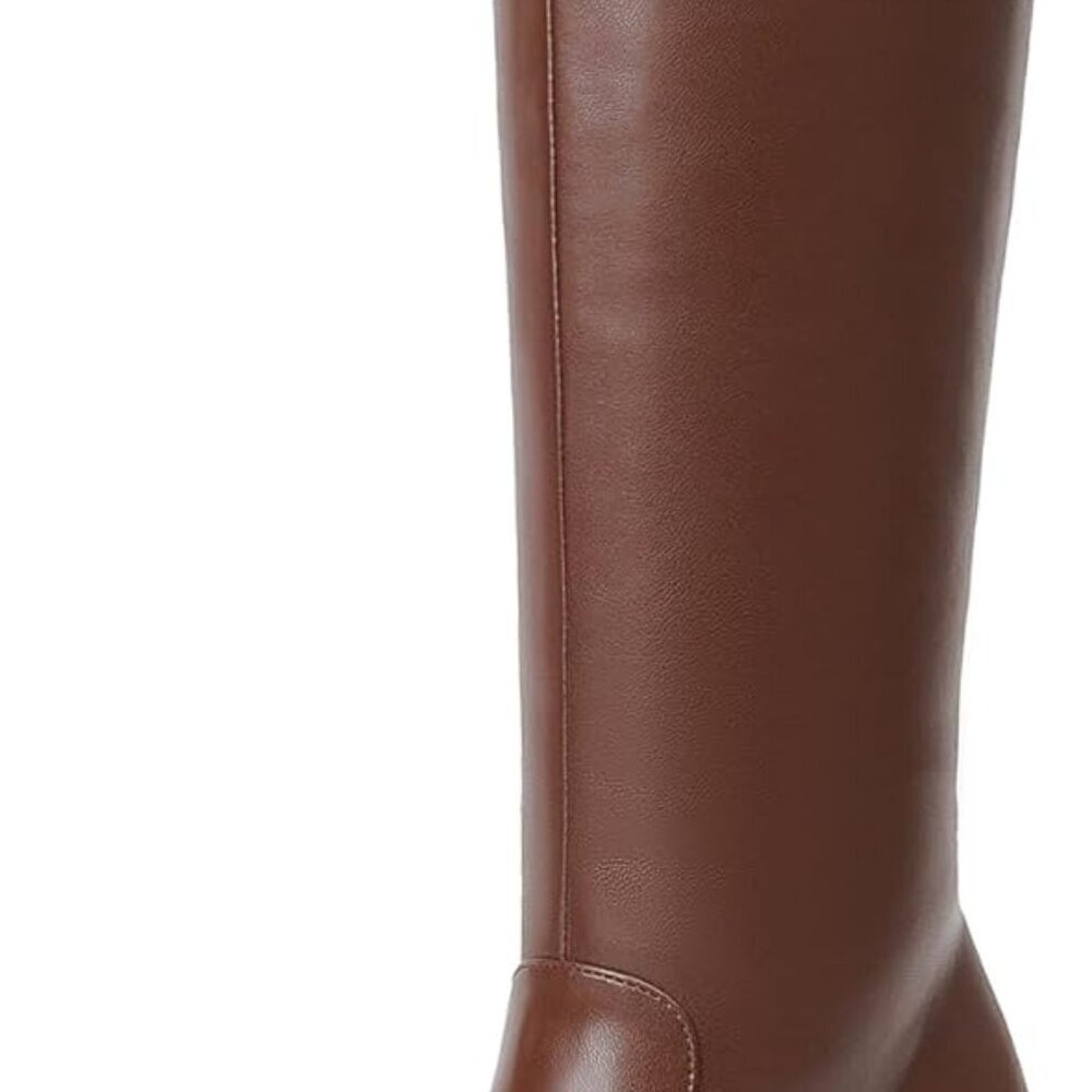 Women Knee High Boots Faux Leather Chunky Heel Square Toe Zipper Long Boots